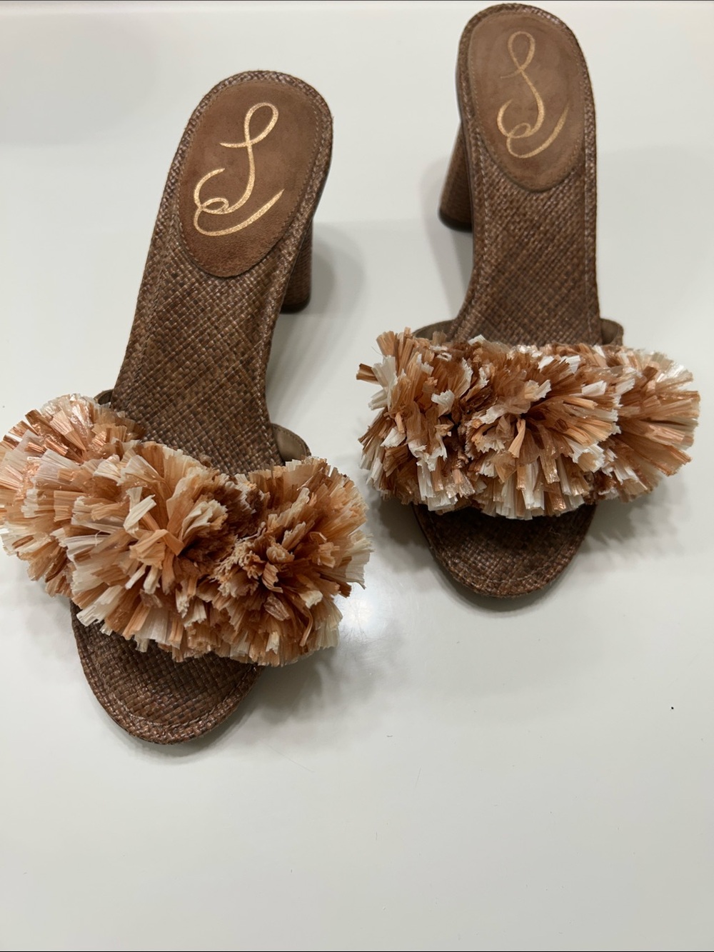 Sam Edelman Brown Raffia Pom-Pom Slide Heels
